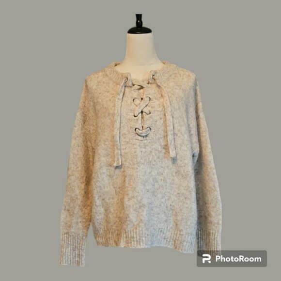 Cliché Wool Blend Oatmeal Lace-up Sweater size L EUC - Picture 2 of 8